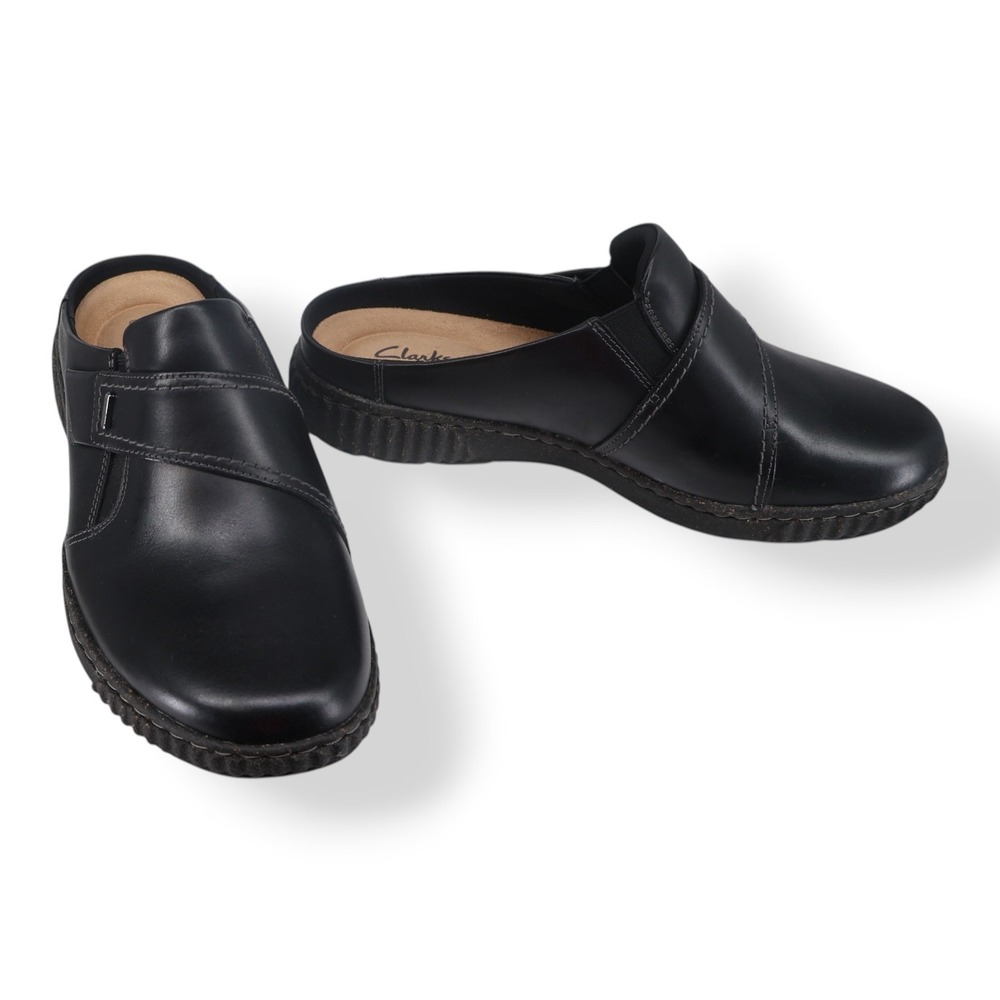 Clarks Collection Caroline Bay Black Leather Clog Mules 8.5 W Wide Width Slip On